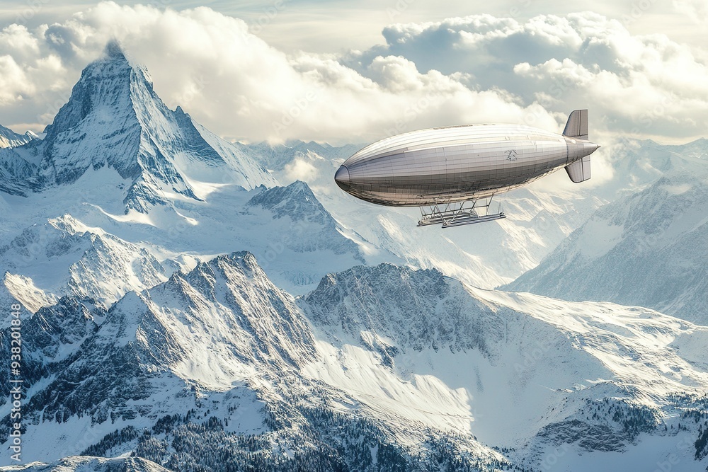 Fototapeta premium Airship soaring over snowy mountain peaks under cloudy sky