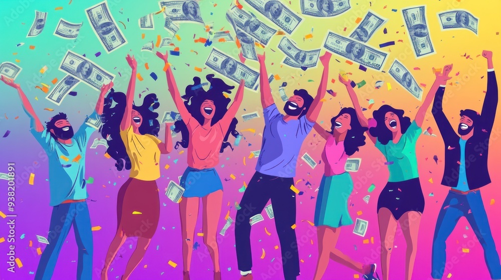 Happy People Celebrating Success with Money Rain Happy People Celebrating Success with Money Rain