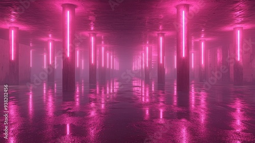 Wallpaper Mural This is a retro-futuristic sci-fi hangar garage scene with neon lights, neon lasers, a glowing tunnel corridor with columns, and a concrete floor with metal columns in the background. Torontodigital.ca