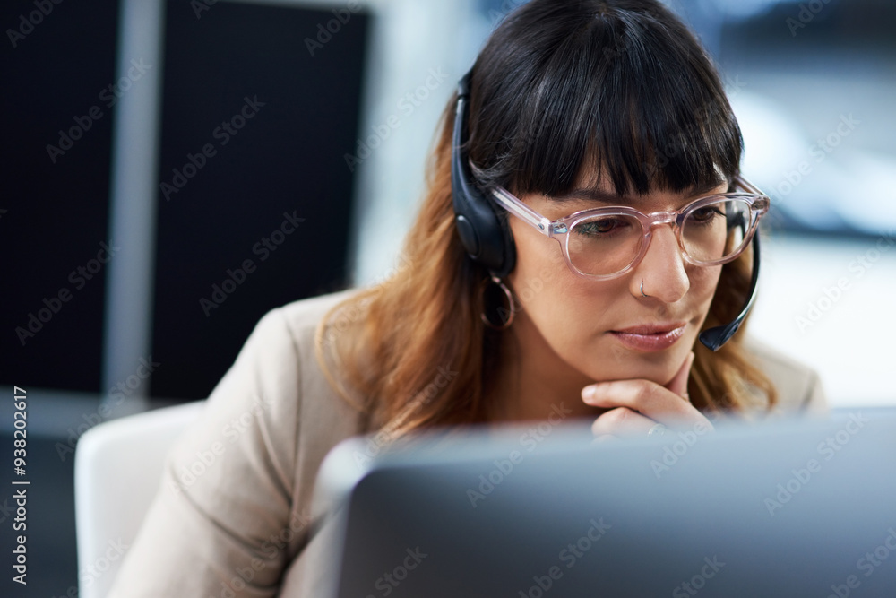 Business woman, computer and call center thinking with customer support and headphones at job. Office, crm and telemarketing consultant with internet advice and help desk assistance with online agent Business woman, computer and call center thinking with customer support and headphones at job. Office, crm and telemarketing consultant with internet advice and help desk assistance with online agent
