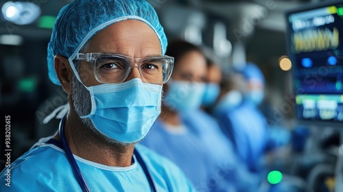 Anesthesiologist monitoring patient vitals during surgery in operating room, medical teamwork in action