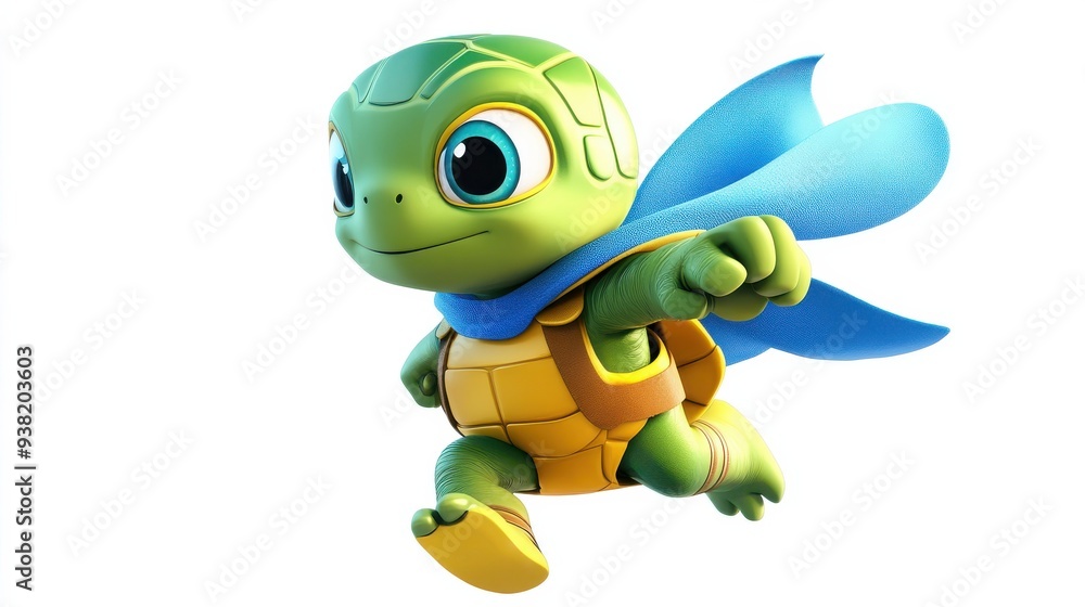A turtle is running with a blue cape on A turtle is running with a blue cape on