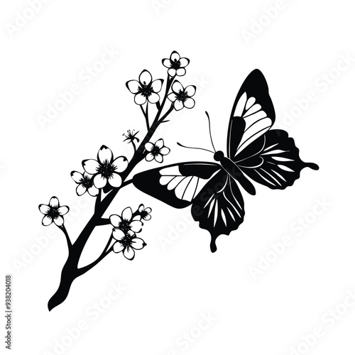 A butterfly flies on a cherry flower silhouette vector illustration 