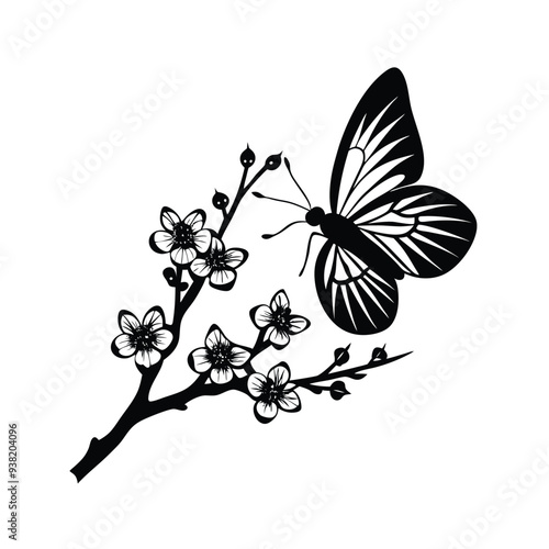 A butterfly flies on a cherry flower silhouette vector illustration 