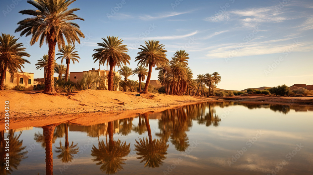 Serene Desert Oasis with Palm Trees and Reflections Serene Desert Oasis with Palm Trees and Reflections