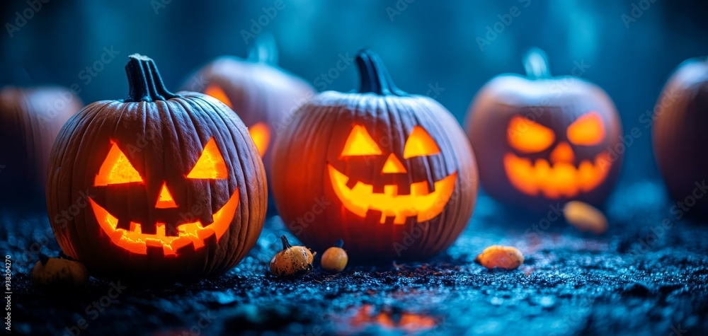 Glowing JackoLanterns in a Dark Forest A LowAngle Perspective with a Focus on the Lit Faces and Blurry Background Glowing JackoLanterns in a Dark Forest A LowAngle Perspective with a Focus on the Lit Faces and Blurry Background