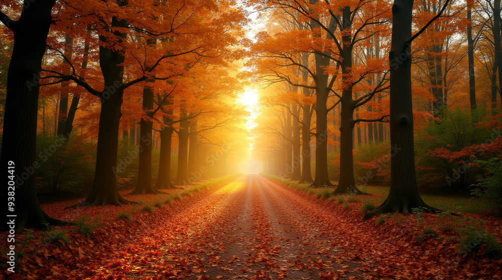 Obraz premium A path in the woods with leaves and the sun shining, dramatic autumn landscape.
