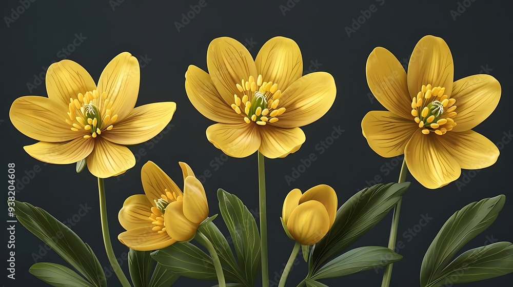 A vibrant illustration of yellow flowers with green leaves against a dark background. A vibrant illustration of yellow flowers with green leaves against a dark background.