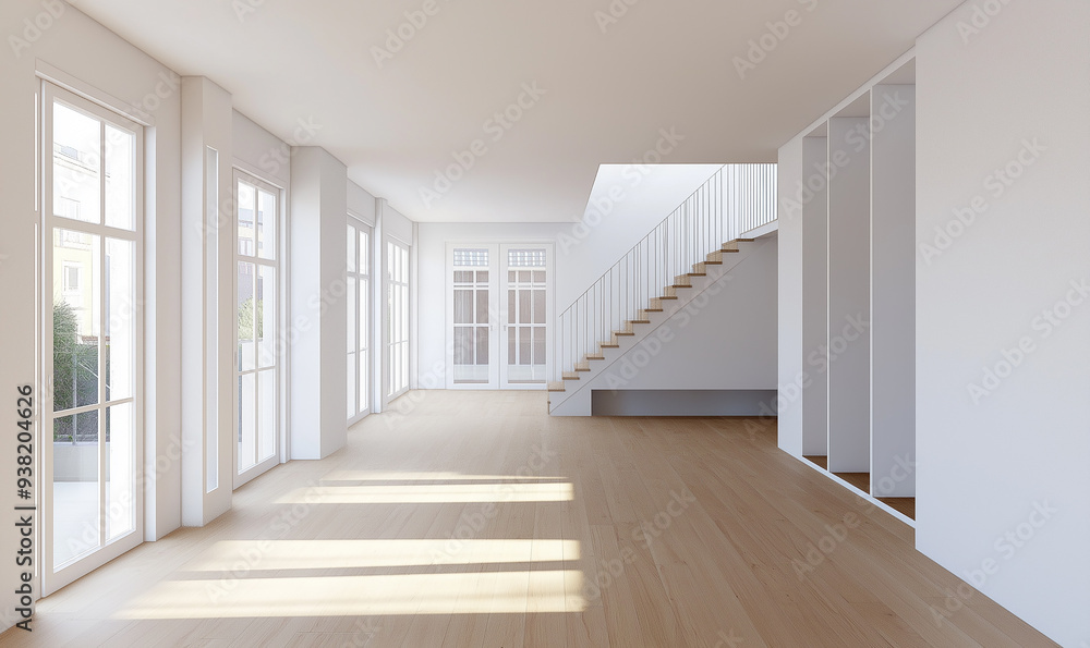 3d rendering, White empty room with light wood floor and white walls, bright interior, minimalist home decor, interior design of modern living room or dining area 3d rendering, White empty room with light wood floor and white walls, bright interior, minimalist home decor, interior design of modern living room or dining area