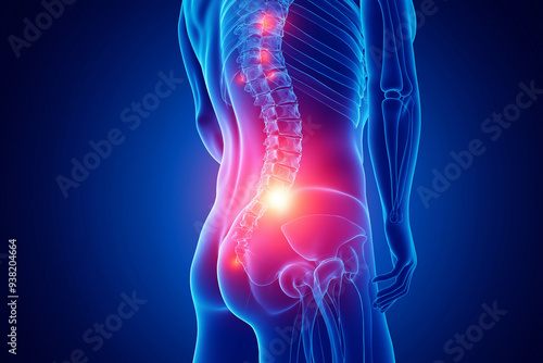 An x-ray of the human body with a highlighted back pain area, on a blue background