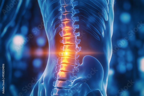 An x-ray of the human body with a highlighted back pain area, on a blue background