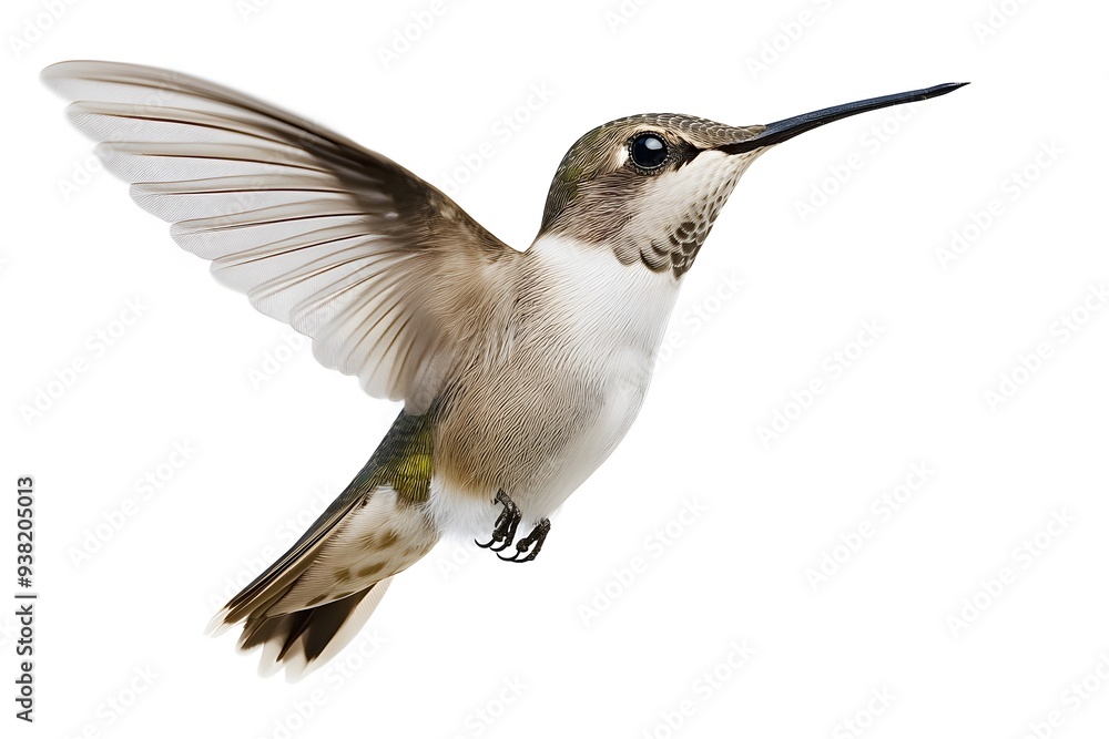 Naklejka premium Bee Hummingbird Flying, on White Background, Realistic Photo, Standard Background, Wallpaper, Cover and Screen of Smartphone, Cell Phone, Computer, Laptop, 9:16 and 16:9 Format