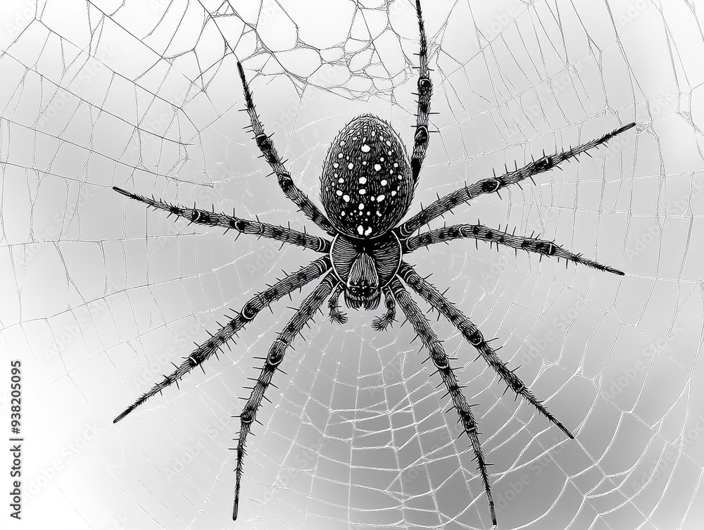 Obraz premium Arachnids Perspective A Black and White Illustration of a Spider Centered in its Web Emphasizing Detail and Texture