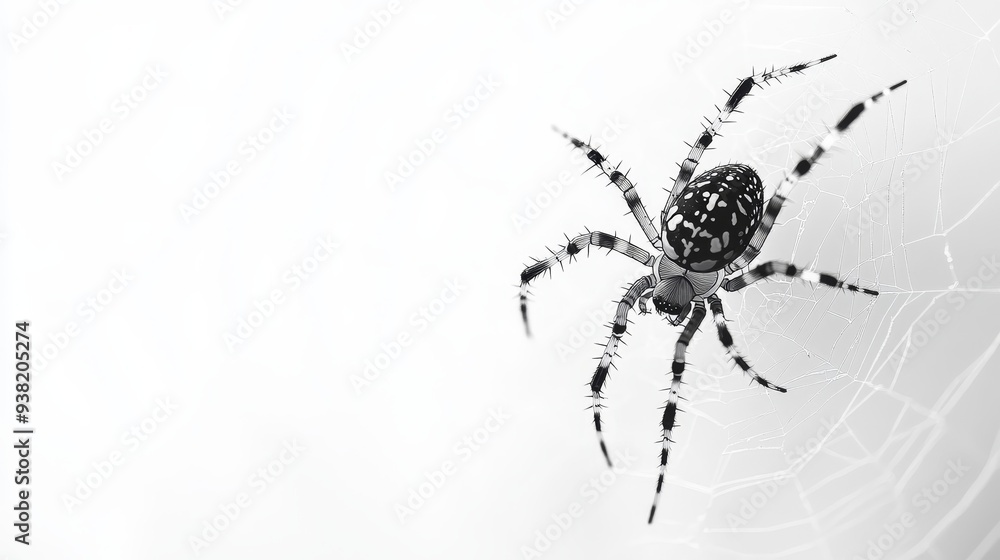 Obraz premium Black and White Spider Web A closeup perspective of a spider with black and white markings sitting in its web The spider is in the right frame leaving a lot of white space