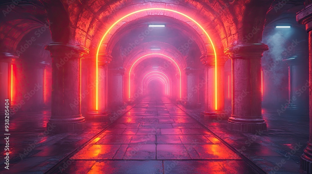 This is a retro-futuristic sci-fi hangar garage scene with neon lights, neon lasers, a glowing tunnel corridor with columns, and a concrete floor with metal columns in the background. This is a retro-futuristic sci-fi hangar garage scene with neon lights, neon lasers, a glowing tunnel corridor with columns, and a concrete floor with metal columns in the background.
