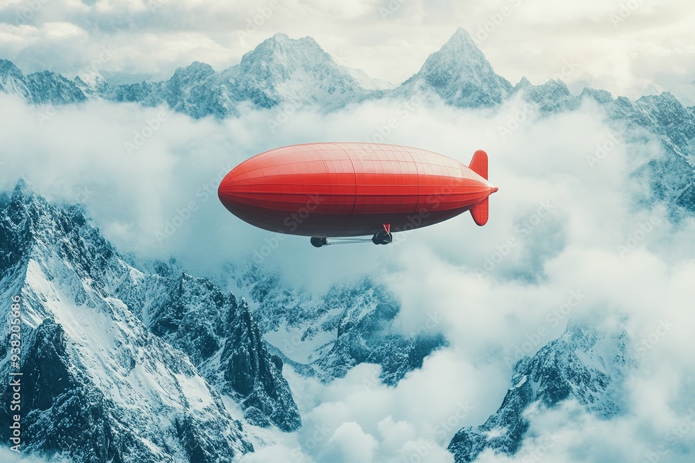 Red airship floating above misty mountains Red airship floating above misty mountains