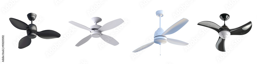 Obraz premium A collection of four distinct ceiling fan designs showcasing different styles and colors for modern interiors.