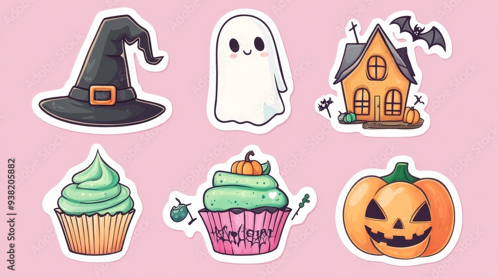 Fototapeta premium Cute Halloween Stickers A Witchs Hat Ghost Haunted House Cupcakes and JackoLantern on a Pink Background