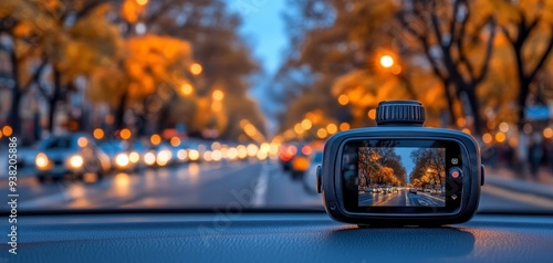 Dashcam View A blurred autumn cityscape reflected in a dashcam screen capturing the essence of a city drive photo