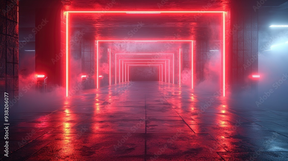 This is a retro-futuristic sci-fi hangar garage scene with neon lights, neon lasers, a glowing tunnel corridor with columns, and a concrete floor with metal columns in the background. This is a retro-futuristic sci-fi hangar garage scene with neon lights, neon lasers, a glowing tunnel corridor with columns, and a concrete floor with metal columns in the background.