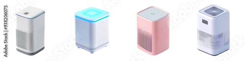 A collection of modern air purifiers in various colors, showcasing sleek design and innovative technology for cleaner air.