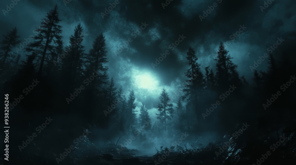 Eerie Moonlight Illuminates a Silhouetted Forest Low Angle Perspective Deep Teal Tones Mysterious and Dreamlike Eerie Moonlight Illuminates a Silhouetted Forest Low Angle Perspective Deep Teal Tones Mysterious and Dreamlike