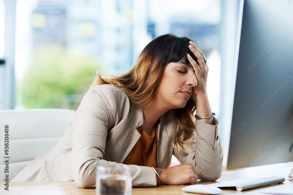 Woman, headache and tired in office, computer glitch and mental health burnout for 404 error. Female person, tension migraine and sick employee for depression fatigue, workplace stress and crisis Woman, headache and tired in office, computer glitch and mental health burnout for 404 error. Female person, tension migraine and sick employee for depression fatigue, workplace stress and crisis