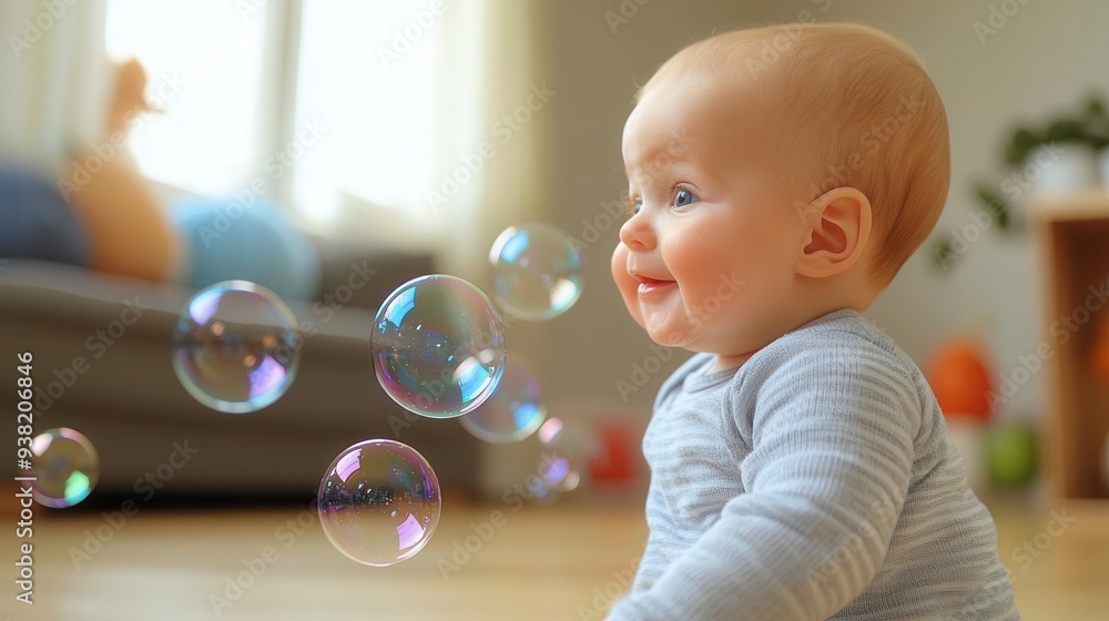 A young child experiences a fun miracle while watching soap bubbles in the living room A young child experiences a fun miracle while watching soap bubbles in the living room