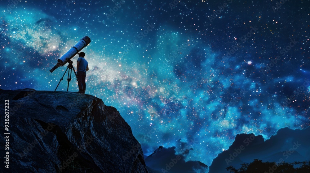 Obraz premium Man stargazing with telescope on cliff under starry night sky, exploring the universe, galaxy, and cosmos. Concept of astronomy, discovery, adventure, and science