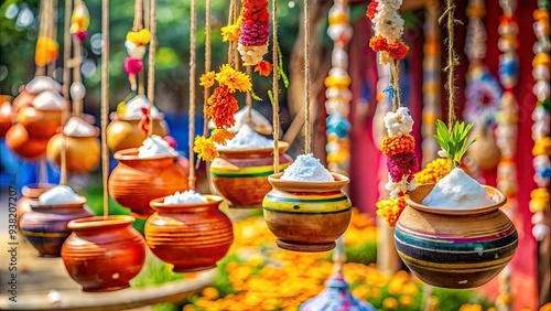 Colorful festive scene of a broken clay pot or handi hanging from a rope, surrounded by dahi or curd spills, celebrating Hindu festival Janmashtami.