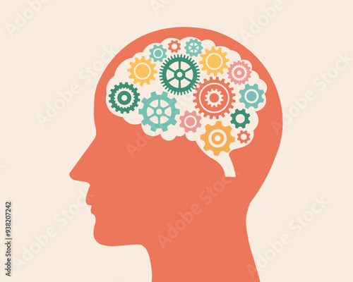 brain creative and gear thoughts on head background. idea thinking innovation work for success. study and learning concept. vector illustration flat design.