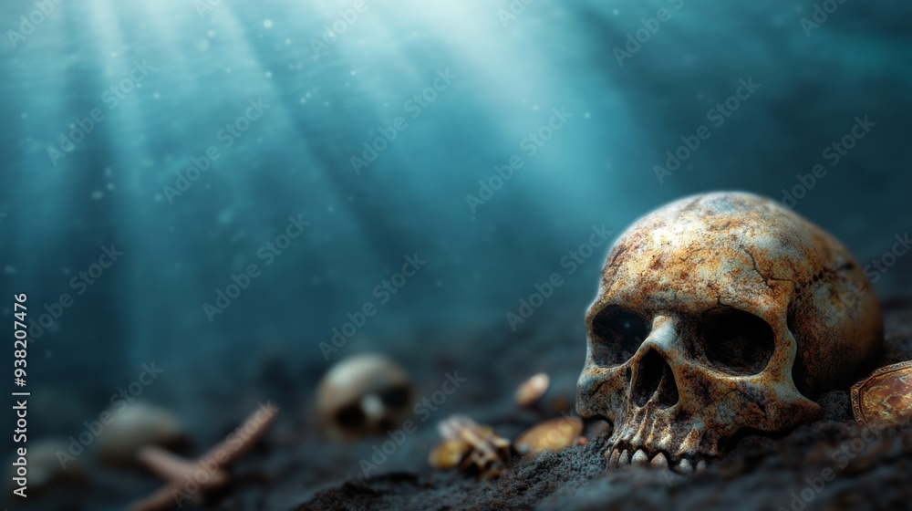 Human Skull and Gold Coins Buried in the Deep Sea Human Skull and Gold Coins Buried in the Deep Sea