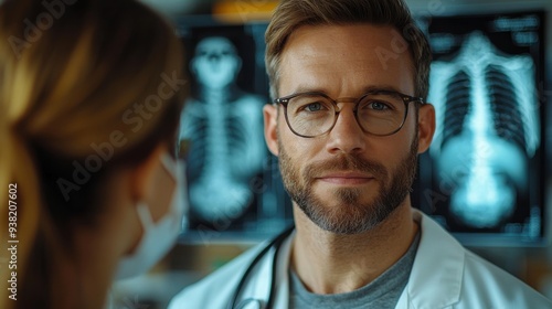 Male orthopedic surgeon examining an x-ray of bone fracture in a medical office setting.