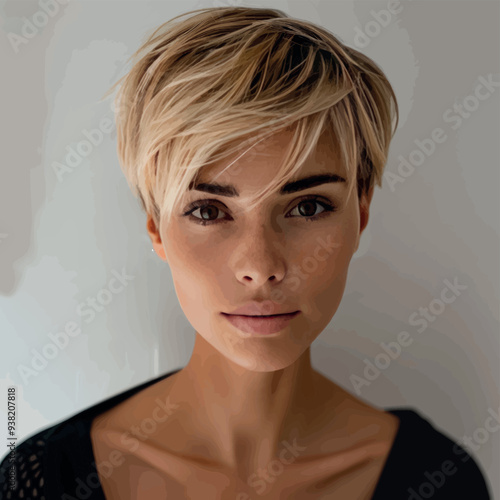 Face of an attractive blonde model with a stylish short haircut, close-up, isolated, on a white background.Vector. Illustration for advertising decorative cosmetics, modeling business, beauty salon.