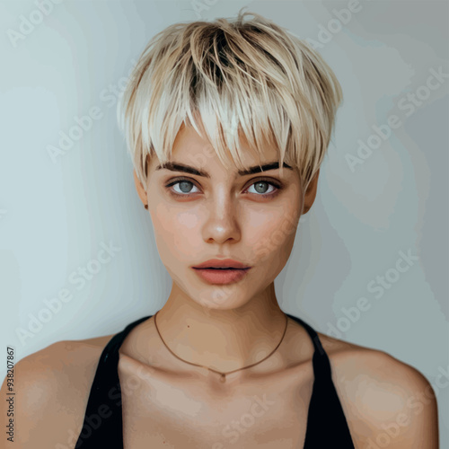 Face of an attractive blonde model with a stylish short haircut, close-up, isolated, on a white background.Vector. Illustration for advertising decorative cosmetics, modeling business, beauty salon.