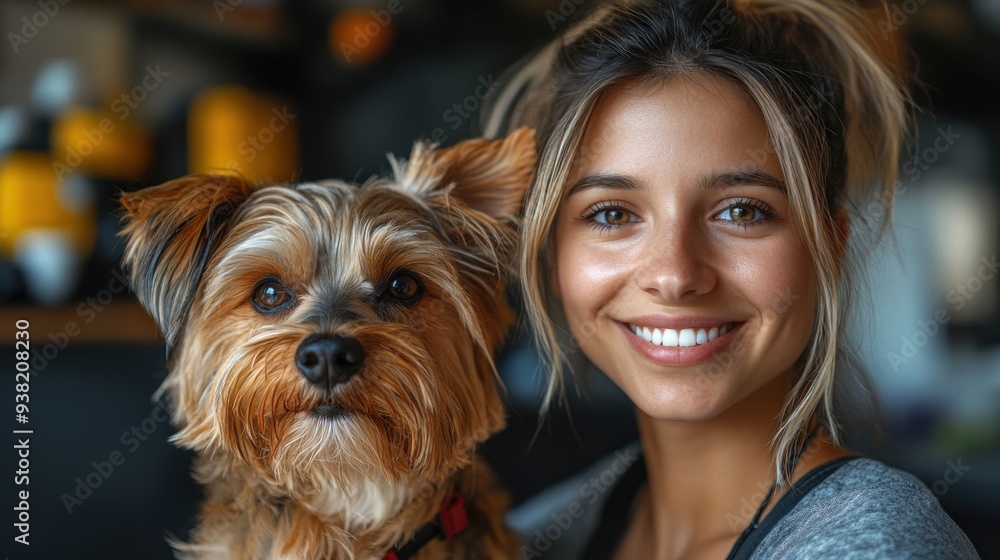 Female pet groomer smiling while grooming a small dog in a professional pet salon. Female pet groomer smiling while grooming a small dog in a professional pet salon.
