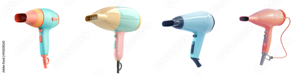 Fototapeta premium Collection of colorful hair dryers lined up, showcasing modern design and vibrant colors for personal grooming.