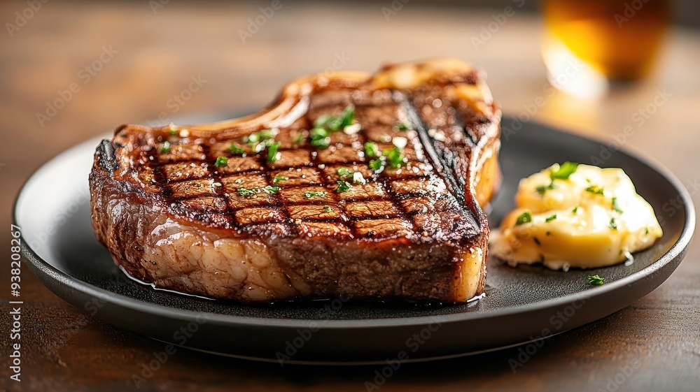 A dramatic image of a T-bone steak with grill marks under a single light, with garlic butter casting shadows and highlighting the steak’s texture. A dramatic image of a T-bone steak with grill marks under a single light, with garlic butter casting shadows and highlighting the steak’s texture.