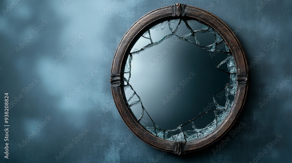 Obraz premium Broken Antique Mirror on Dark Blue Wall