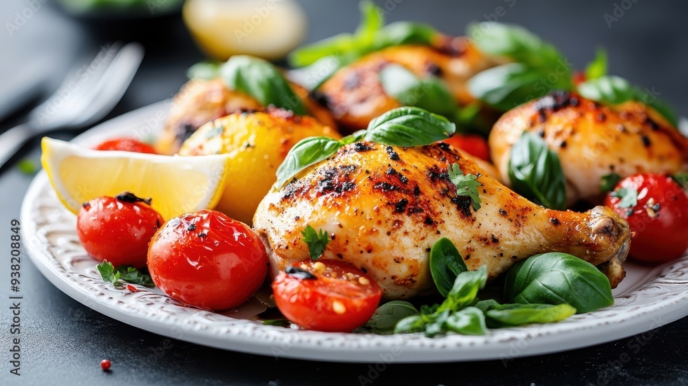 Crispy roasted chicken with lemon and grape tomatoes, accented with basil and cilantro, on a decorative white platter with red pepper flakes. Crispy roasted chicken with lemon and grape tomatoes, accented with basil and cilantro, on a decorative white platter with red pepper flakes.