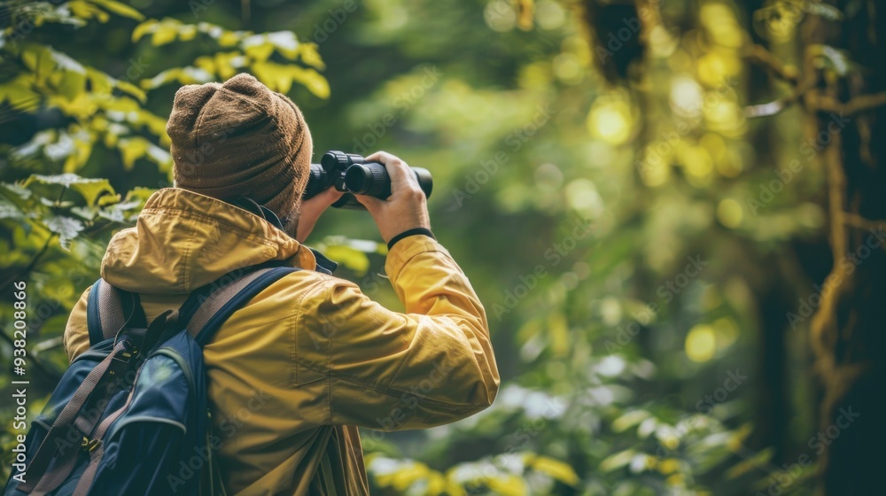 Adventurous man with binoculars exploring a lush green forest, enjoying nature and wildlife observation. Adventurous man with binoculars exploring a lush green forest, enjoying nature and wildlife observation.