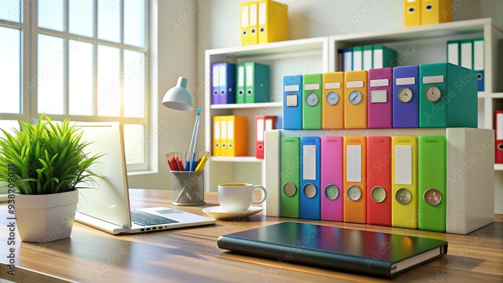 Colorful icons and folders neatly arranged on a desk, surrounded by a tidy workspace, symbolizing efficiency, productivity, and effective organization systems. Colorful icons and folders neatly arranged on a desk, surrounded by a tidy workspace, symbolizing efficiency, productivity, and effective organization systems.