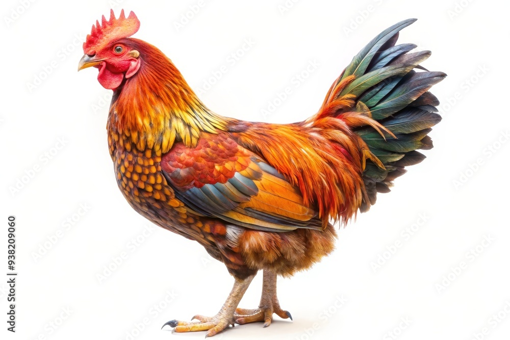 A rooster with a striking red comb, bright orange and yellow feathers, and a long tail of iridescent green, blue, and purple feathers. The bird is standing on a white background and looking to the lef A rooster with a striking red comb, bright orange and yellow feathers, and a long tail of iridescent green, blue, and purple feathers. The bird is standing on a white background and looking to the lef