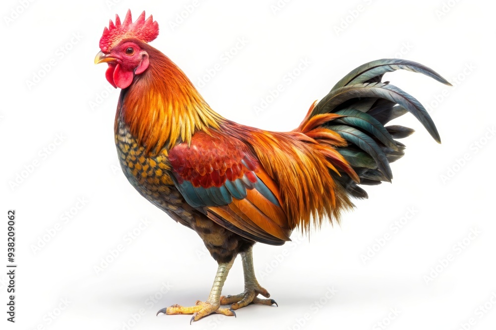 A vibrant rooster stands tall with its feathers ruffled, symbolizing strength, confidence, and early morning. Its red comb and wattle add a touch of boldness, while its long tail feathers create a bea A vibrant rooster stands tall with its feathers ruffled, symbolizing strength, confidence, and early morning. Its red comb and wattle add a touch of boldness, while its long tail feathers create a bea