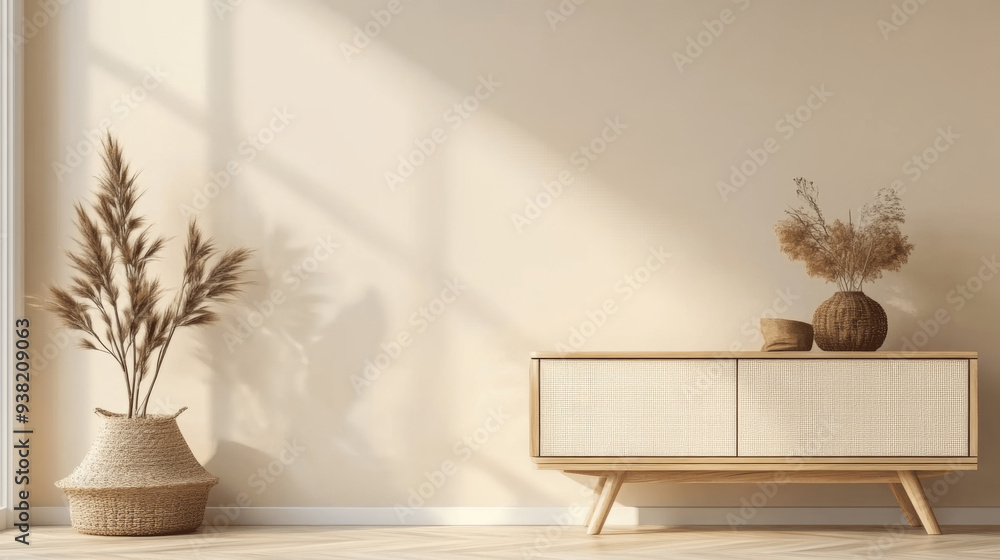 Top View of Living Room Interior with Empty Sideboard and Decorative Items Top View of Living Room Interior with Empty Sideboard and Decorative Items