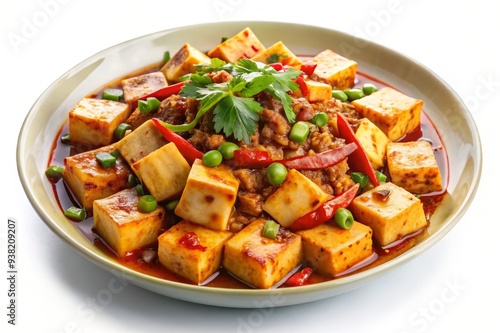 A close-up shot of a plate of Mapo Tofu, a classic Chinese dish featuring soft tofu, ground pork, chili peppers, and a savory sauce. The dish is garnished with fresh parsley for a vibrant touch.