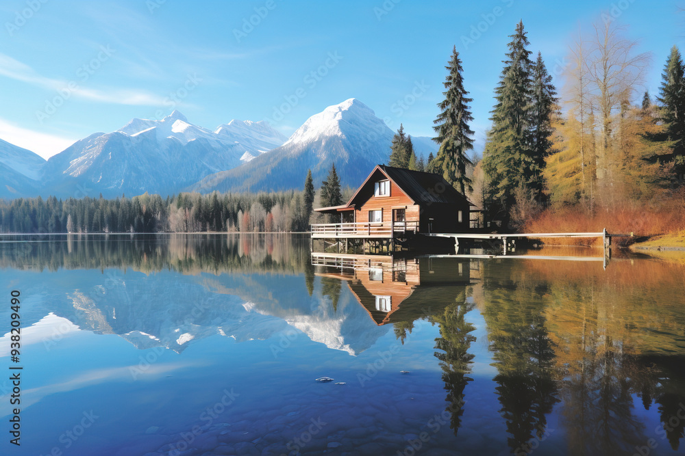 Fototapeta premium Cabin by the Lake with Mountain Reflections