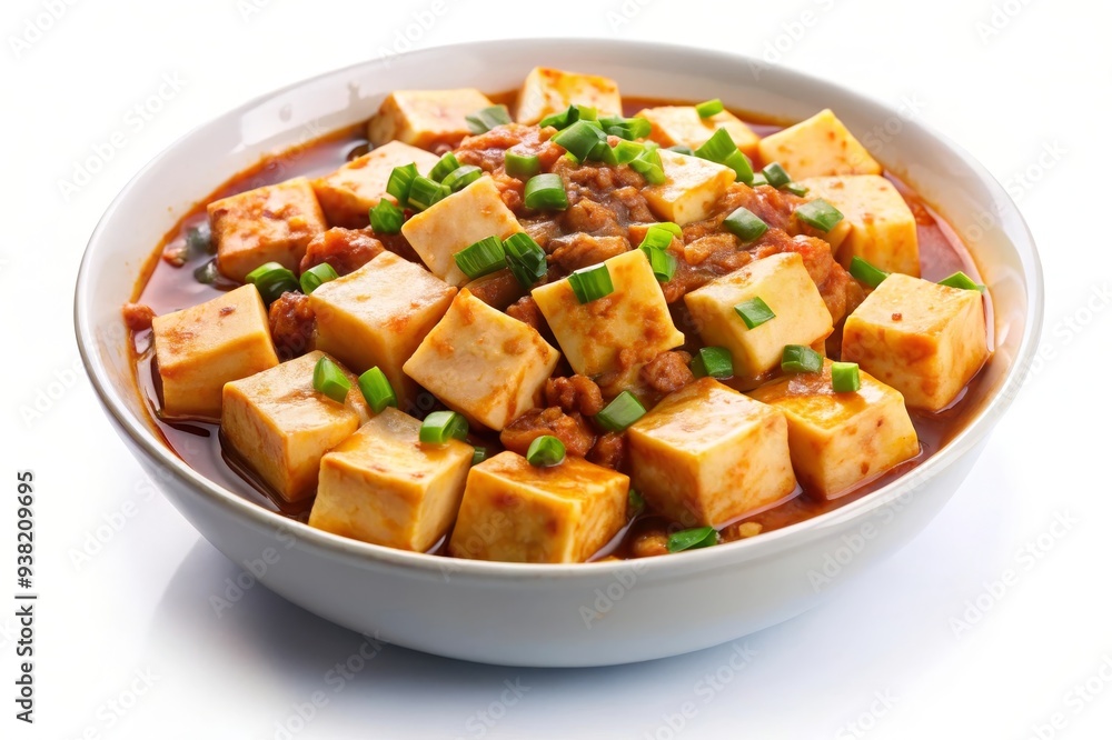 A bowl of Mapo Tofu, a classic Chinese dish featuring soft tofu cubes simmered in a spicy and savory sauce, topped with minced pork and scallions. A bowl of Mapo Tofu, a classic Chinese dish featuring soft tofu cubes simmered in a spicy and savory sauce, topped with minced pork and scallions.