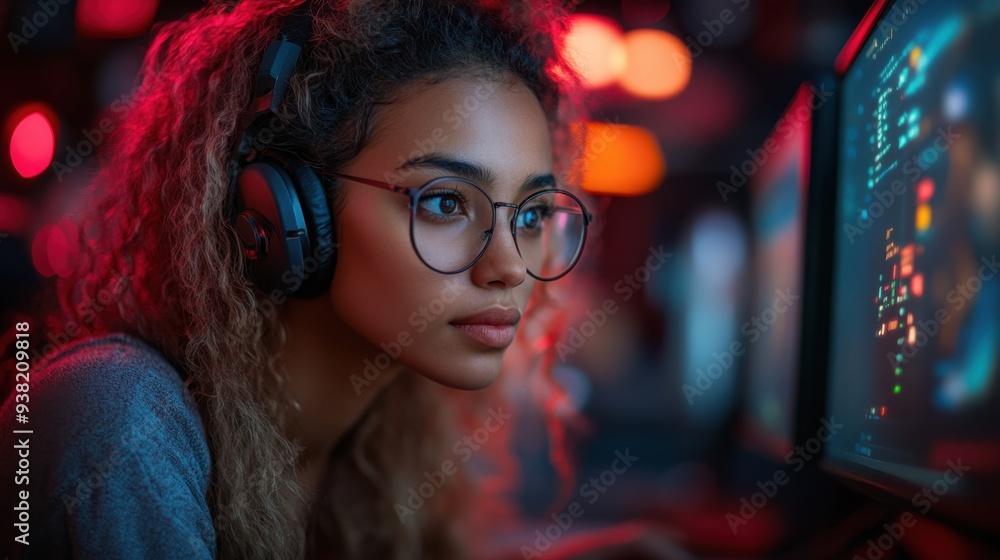 Young woman video game developer coding in a creative office environment at night Young woman video game developer coding in a creative office environment at night