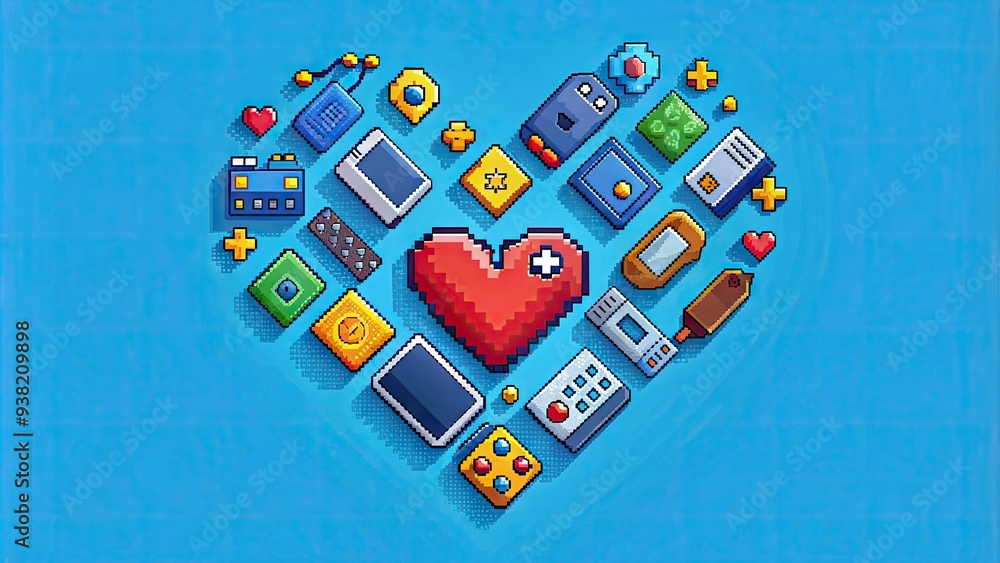 Colorful illustration of a pixel art heart surrounded by retro video ...